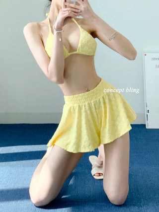 Yellow Pants Bikini Three-Piece 3pcs Vacation Pool Party Halter Neck Swimsuit