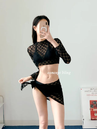 Blue and black two-color top with wrap skirt lace mesh halter neck resort look vacation swimsuit