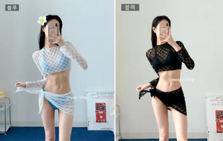 Blue and black two-color top with wrap skirt lace mesh halter neck resort look vacation swimsuit