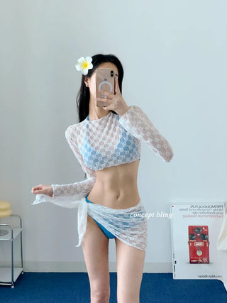 Blue and black two-color top with wrap skirt lace mesh halter neck resort look vacation swimsuit