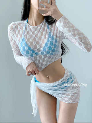 Blue and black two-color top with wrap skirt lace mesh halter neck resort look vacation swimsuit