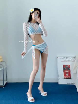 Blue and black two-color top with wrap skirt lace mesh halter neck resort look vacation swimsuit