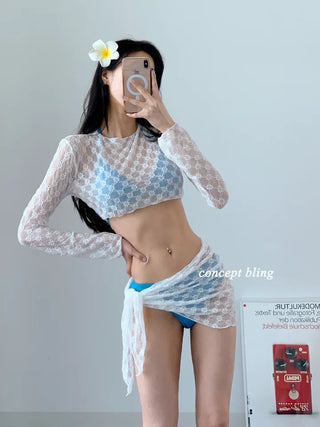 Blue and black two-color top with wrap skirt lace mesh halter neck resort look vacation swimsuit