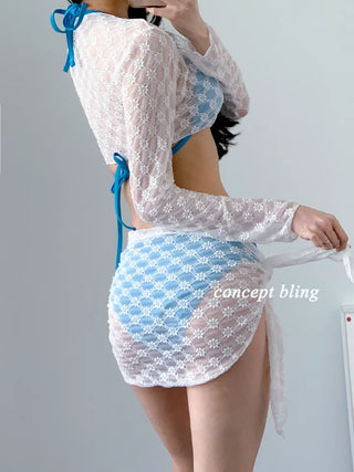 Blue and black two-color top with wrap skirt lace mesh halter neck resort look vacation swimsuit