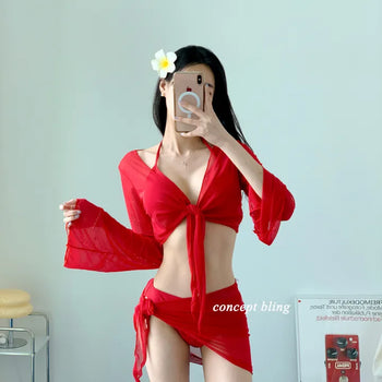 Red Poppies Bikini Cardigan Wrap Skirt Included 4 Piece Halter Neck Resort Vacation Swimsuit