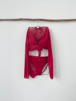 Red Poppies Bikini Cardigan Wrap Skirt Included 4 Piece Halter Neck Resort Vacation Swimsuit
