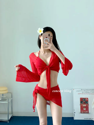 Red Poppies Bikini Cardigan Wrap Skirt Included 4 Piece Halter Neck Resort Vacation Swimsuit