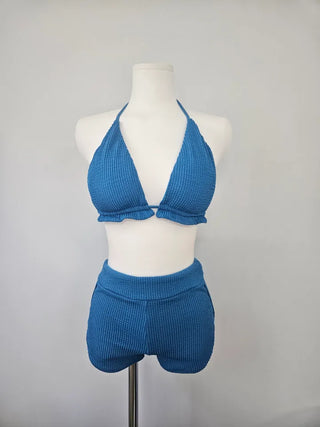 Blue pants bikini halter neck frill ribbed resort look vacation look travel swimsuit