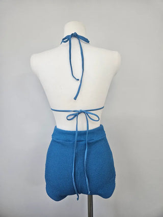 Blue pants bikini halter neck frill ribbed resort look vacation look travel swimsuit