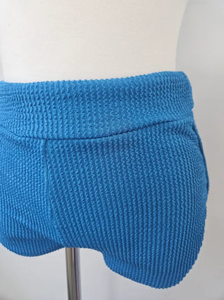 Blue pants bikini halter neck frill ribbed resort look vacation look travel swimsuit
