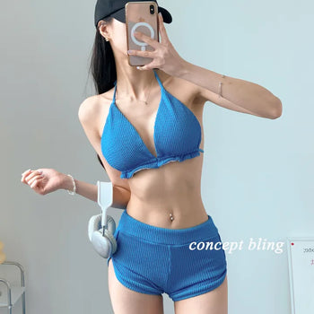Blue pants bikini halter neck frill ribbed resort look vacation look travel swimsuit