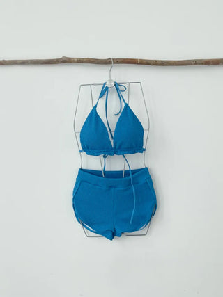 Blue pants bikini halter neck frill ribbed resort look vacation look travel swimsuit