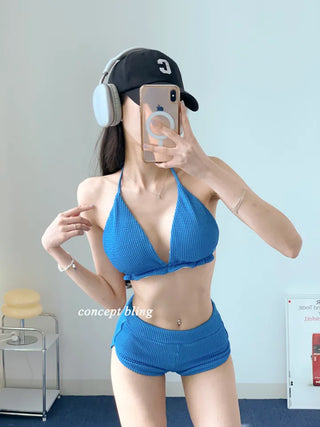Blue pants bikini halter neck frill ribbed resort look vacation look travel swimsuit