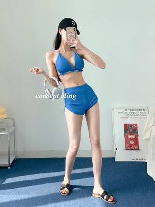 Blue pants bikini halter neck frill ribbed resort look vacation look travel swimsuit