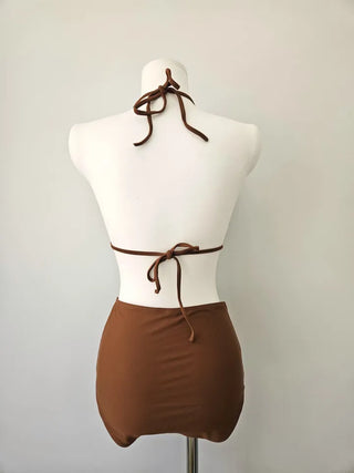 Brown Knit Bikini High-Waist Halter Neck Swimsuit