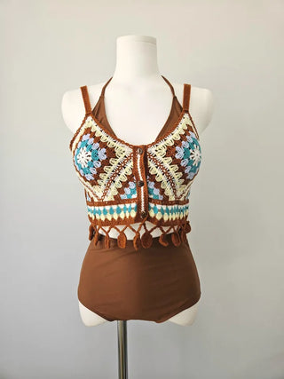 Brown Knit Bikini High-Waist Halter Neck Swimsuit