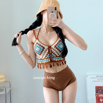 Brown Knit Bikini High-Waist Halter Neck Swimsuit