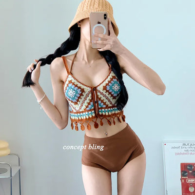 Brown Knit Bikini High-Waist Halter Neck Swimsuit