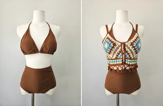Brown Knit Bikini High-Waist Halter Neck Swimsuit