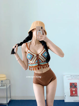 Brown Knit Bikini High-Waist Halter Neck Swimsuit