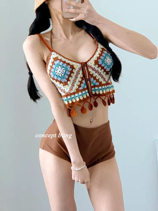 Brown Knit Bikini High-Waist Halter Neck Swimsuit
