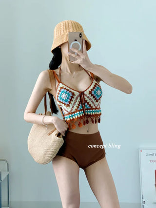 Brown Knit Bikini High-Waist Halter Neck Swimsuit