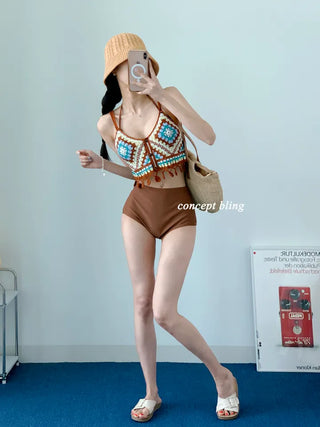Brown Knit Bikini High-Waist Halter Neck Swimsuit