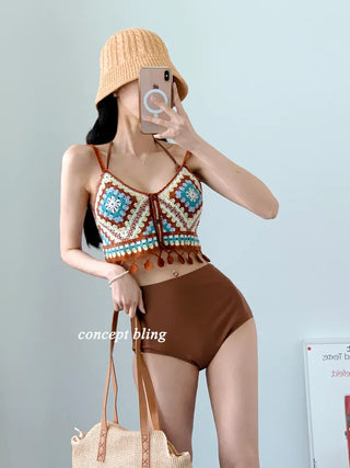 Brown Knit Bikini High-Waist Halter Neck Swimsuit