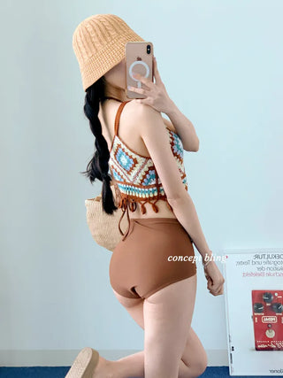Brown Knit Bikini High-Waist Halter Neck Swimsuit