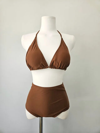 Brown Knit Bikini High-Waist Halter Neck Swimsuit