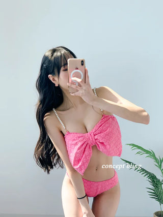Wangribon piece bikini with pearl flower hot pink skirt and swimsuit