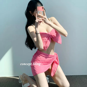 Wangribon piece bikini with pearl flower hot pink skirt and swimsuit