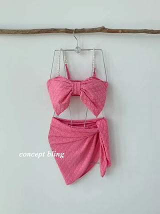 Wangribon piece bikini with pearl flower hot pink skirt and swimsuit