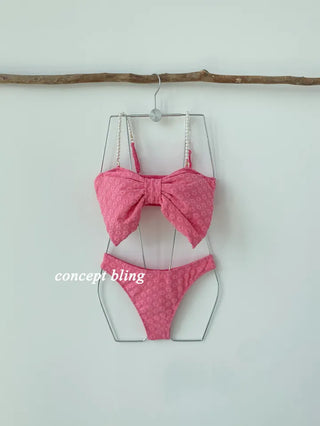 Wangribon piece bikini with pearl flower hot pink skirt and swimsuit