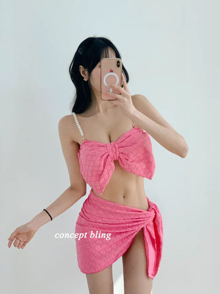 Wangribon piece bikini with pearl flower hot pink skirt and swimsuit