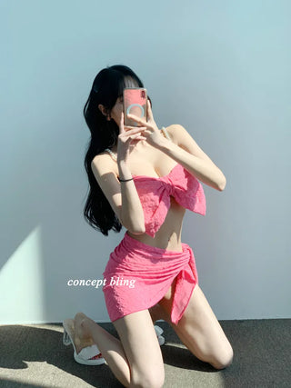 Wangribon piece bikini with pearl flower hot pink skirt and swimsuit