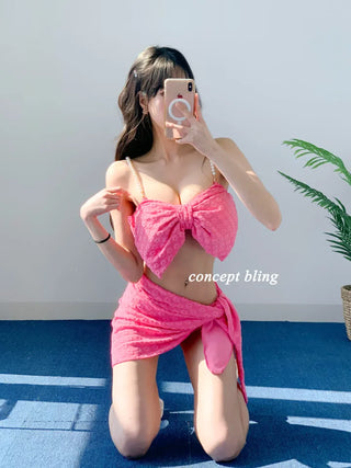 Wangribon piece bikini with pearl flower hot pink skirt and swimsuit