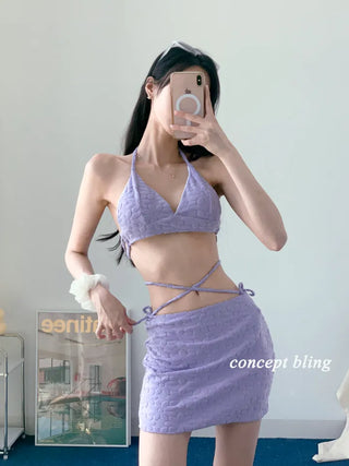color purple yellow bikini flower flutter strap skirt included belly cover swimsuit