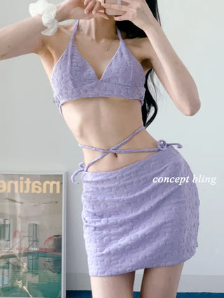 color purple yellow bikini flower flutter strap skirt included belly cover swimsuit