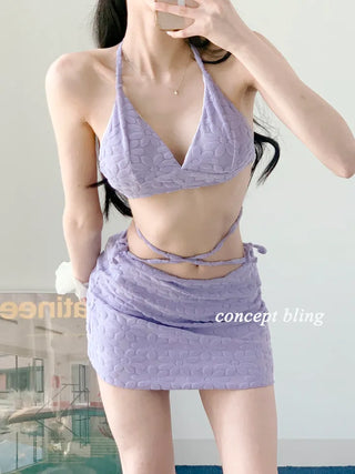 color purple yellow bikini flower flutter strap skirt included belly cover swimsuit