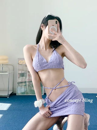 color purple yellow bikini flower flutter strap skirt included belly cover swimsuit