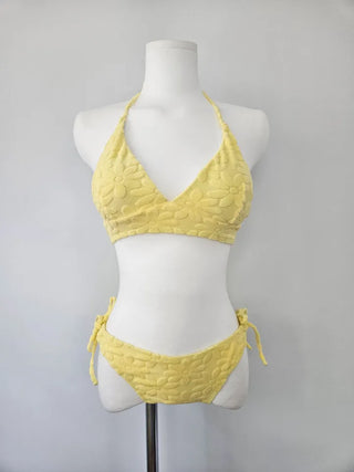 color purple yellow bikini flower flutter strap skirt included belly cover swimsuit