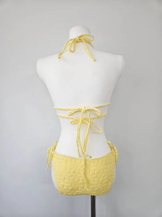 color purple yellow bikini flower flutter strap skirt included belly cover swimsuit