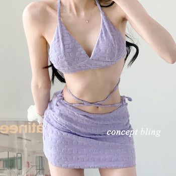 color purple yellow bikini flower flutter strap skirt included belly cover swimsuit
