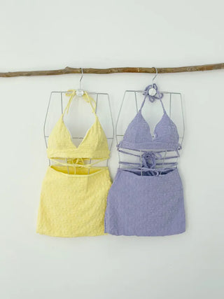 color purple yellow bikini flower flutter strap skirt included belly cover swimsuit