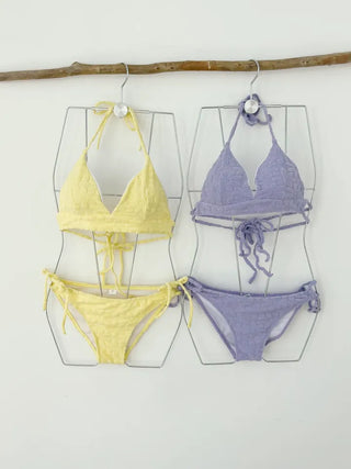 color purple yellow bikini flower flutter strap skirt included belly cover swimsuit