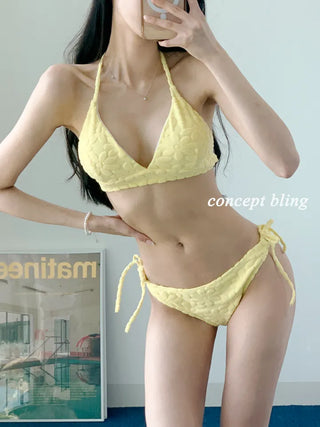 color purple yellow bikini flower flutter strap skirt included belly cover swimsuit