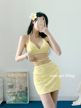 color purple yellow bikini flower flutter strap skirt included belly cover swimsuit