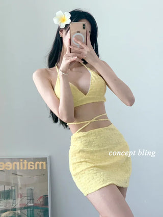 color purple yellow bikini flower flutter strap skirt included belly cover swimsuit