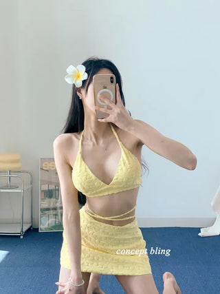 color purple yellow bikini flower flutter strap skirt included belly cover swimsuit